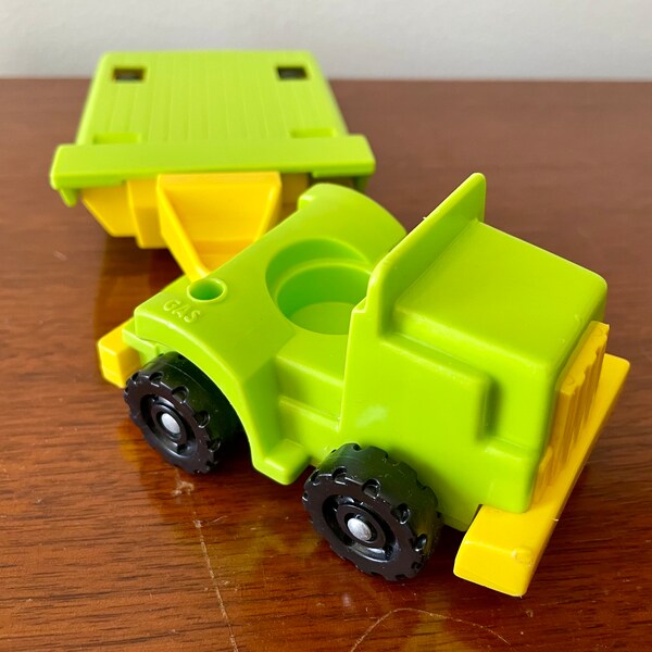 Vintage Fisher Price Little People Truck and Trailer from Lift and Load Depot - Green and Yellow Fisher Price Little People - Flatbed FPLP