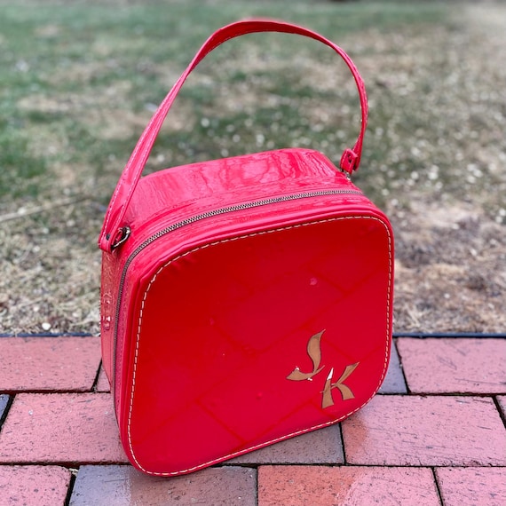 Vintage Red Vinyl Train Case - Lined in Retro Destination Fabric - Boxy Rounded Cotner Small Zippred Suitcase - Retro Travel Vacation View 2