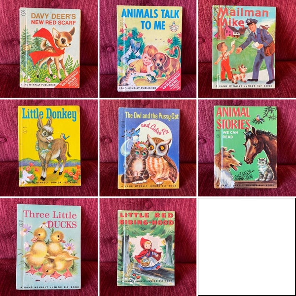 Choose Your Rand McNally Junior Elf Book - 1940s kids books - Animal Stories, Owl and the Pussy-Cat, Mailman Mike, Little Donkey, Davy Deer