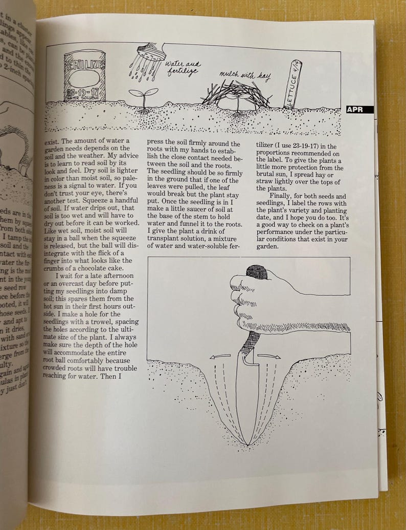 May include: A page from a gardening book featuring black and white line drawings. The top illustration shows a fertilizer can, a watering can, mulch, and a plant marker labeled "LETTUCE 4/14". The bottom illustration shows a hand using a trowel.