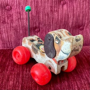 Vintage 1965 Little Snoopy Pull Push Toy - FP no 693 - wood and plastic - Dog Nursery Shelf Decor - 1960s childhood - Pull Toy Spring Tail