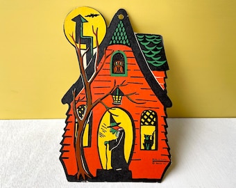 Vintage Beistle Witch and House - Die Cut Decoration - orange yellow black - Embossed Diecut Midcentury - Made in USA Beistle Co