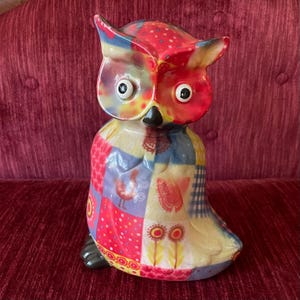 Vintage Patchwork Owl Coin Bank - Retro Ceramic Owl Shelf Decor - Colorful Owl Bank - Large Owl Bank - Retro Owl Decor - Multicolor