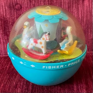Vintage 1966 Fisher Price Roly Poly Chime Ball Toy - FP no 165 - Musical Toy - Rocking Horse and Swans Nursery Shelf Decor - 1960s childhood