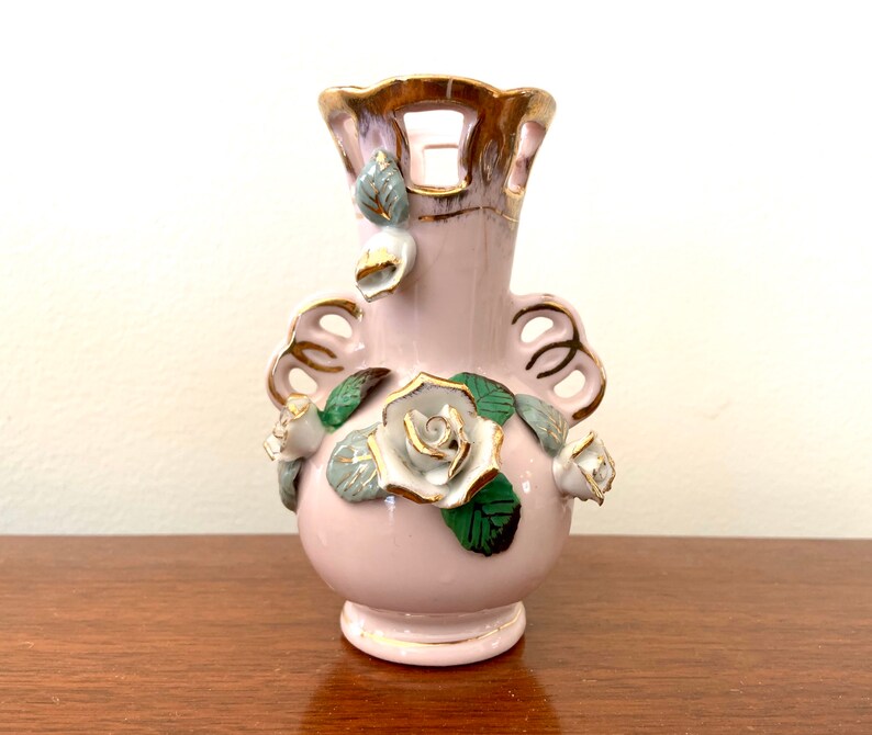 Vintage Blush Pink Bud Vase With Gold Trim and Roses Made in Etsy