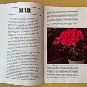 May include: An open book page titled MAR featuring black text on white paper and a photograph of a potted plant with vibrant pink flowers. The text discusses gardening tasks for March, while the image caption identifies the plant as Azaleas.