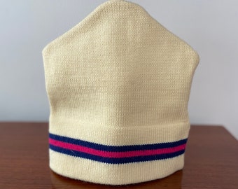 Vintage 100% Wool Ski Hat by Skaive - Light Yellow Ski Beanie with Stripes - Retro Skiwear - Vintage Winter Hat - Men’s Apres Ski Hat Retro