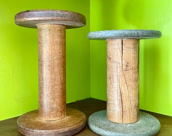 Two Large Vintage Wooden Spools - Empty Wood Thread Spools - Assemblage - Rustic Industrial Decor - Large Wood Textile Spool Bobbin Empty