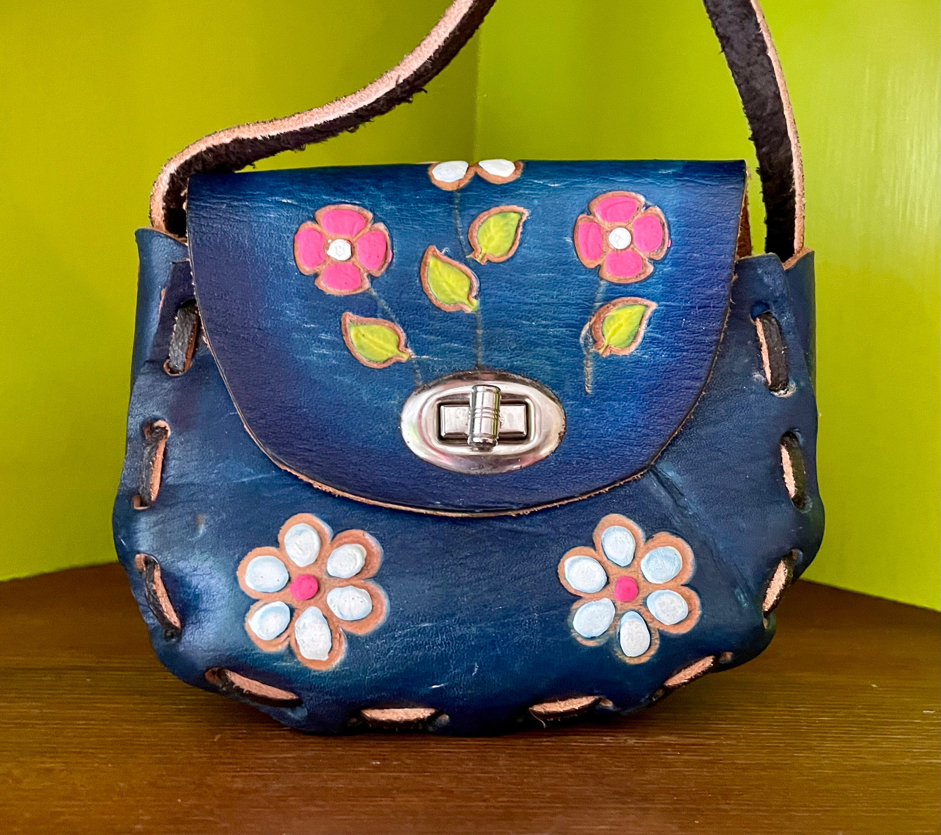 Vintage Tooled Leather Mini Purse Dark Blue With Pink and White