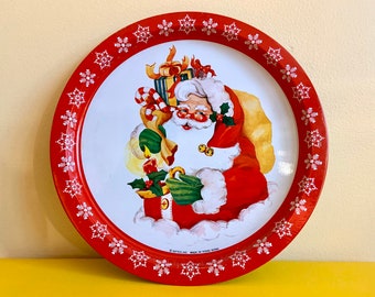 Vintage Jolly Santa Decorative Metal Tray - Retro Christmas Decor - Mantle Styling - Shelf Styling Christmas - Santa with Sack of Gifts