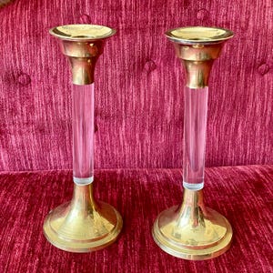 Pair of Vintage Brass and Lucite  Candle Sticks - Solid Brass - Candlestick Holder - Taper Candle Holders - Clear Acrylic and Brass 9 Inch