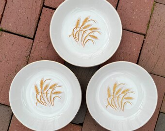 Three Vintage “Golden Wheat” Coupe Bowls - Retro Dining Room - Replacement Piece - Gold and White Dishes - Unmarked Bowls Harvest Theme