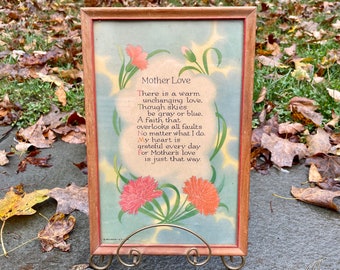 Vintage “Mother Love” Poem Framed Print by Reliance NY/Chicago - Pastel Pink Carnations - Blue, Pink, Green - Vintage Mother’s Day Gift