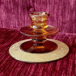 Vintage Amber Glass Candleholder - Taper Candle Holder - Amber with Gold Painted Trim Glass Candleholder - Candlestick Holder