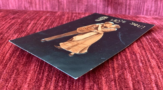 Vintage Embossed I Love You Postcard - Couple Kissing Black