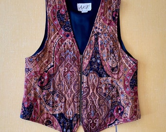 Vintage A.K.F. New York Quilted Vest - Brown, Blue, Mauve Design - 90s Fashion - Size Small - Satin Back Zip Front 1990s Vest