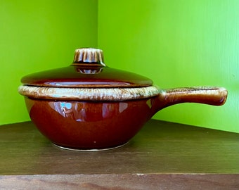 Vintage Hull Casserole Soup Bowl with Handle and Lid -  Retro Dining Room - Brown Drip Hull Pottery - Ovenproof USA - French Onion Soup