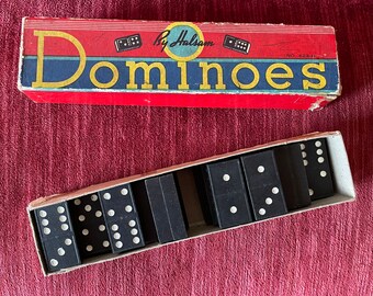 21 Vintage Wooden Halsam Dominoes in Box - vintage wood tile game - assemblage material - black dominos - no. 623-H - By Halsam