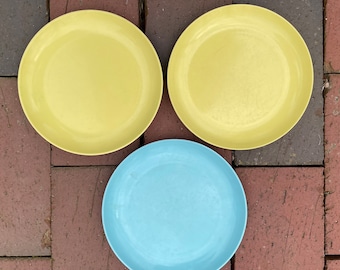 3 Vintage Air Flite by Melmac Salad Plates - Dessert Plates - Yellow and Aqua Melamine Pastel Plates  - Retro Kitchen Decor - Plastics Inc