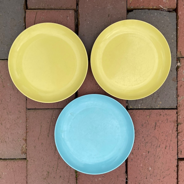 3 Vintage Air Flite by Melmac Salad Plates - Dessert Plates - Yellow and Aqua Melamine Pastel Plates  - Retro Kitchen Decor - Plastics Inc