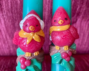 Set of Avon Christmas Taper Candles with Cardinals - Cute Retro Birds Christmas - Red Christmas Bird Candles Vintage