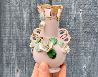 Vintage Blush Pink Bud Vase with Gold Trim and Roses - made in Japan - mid century porcelain vase - retro spring decor gold and light pink