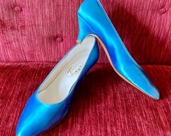 Vintage Touch Ups Blue Satin Pumps - Blue Kitten Heels - Cocktail Party Heels - 90s Fashion - Vintage Retro Prom Heels - Size 8