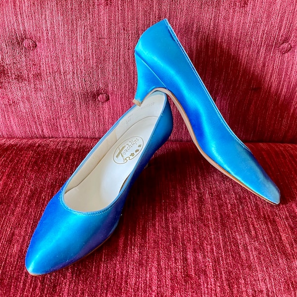 Vintage Touch Ups Blue Satin Pumps - Blue Kitten Heels - Cocktail Party Heels - 90s Fashion - Vintage Retro Prom Heels - Size 8