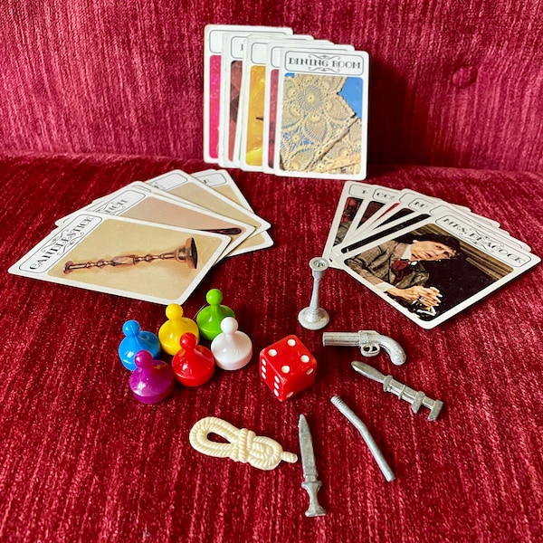 You Choose - Parts for Vintage 1972 Clue Parker Brothers Detective Game - Weapons - Dice - Cards - Parker Brothers Clue no 45 - mystery game