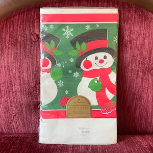 Vintage Hallmark Paper Bridge Cover Tablecloth - Snowman Square Tablecloth - 44” x 44” - Red White and Green Christmas Decor - Retro Snowman
