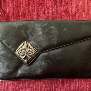 Vintage Black Leather Envelope Purse - 1970s Asymmetrical Bag - Gold Chain Strap - Geometric Purse - Retro Fashion