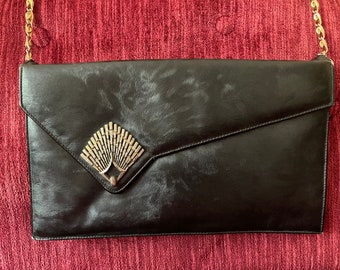 Vintage Black Leather Envelope Purse - 1970s Asymmetrical Bag - Gold Chain Strap - Geometric Purse - Retro Fashion