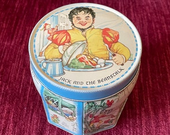 Rare Vintage M.B. Co Ltd “Jack and The Beanstalk” Tin with Lid  - Made in England - Fairy Tale Tin - Illustrated Tin - Blie and White