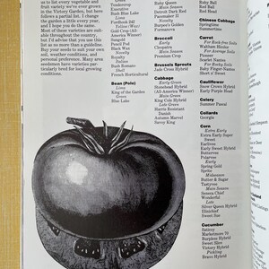 May include: A black and white printed page from a book featuring a large, detailed illustration of a tomato at the bottom. The text lists various vegetable varieties including beans, beets, broccoli, cabbage, carrots, cauliflower, and corn.