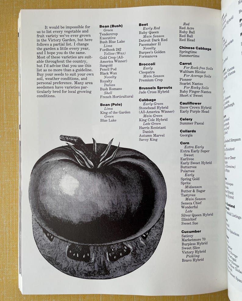 May include: A black and white printed page from a book featuring a large, detailed illustration of a tomato at the bottom. The text lists various vegetable varieties including beans, beets, broccoli, cabbage, carrots, cauliflower, and corn.