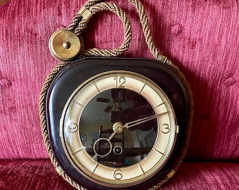 Vintage Nautical Style Wall Clock With Rope - FHS Germany - No Key - Midcentury - MCM Hanging Wall Clock - Deco Shape - Retro Living Room