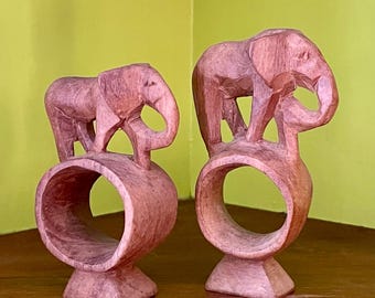 Two Vintage Wood Elephant Napkin Rings - Carved Animal Napkin Holders - Retro Dining Room - Hand-Carved Animal - Wooden Elephants