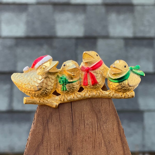 Vintage Signed AJC Holiday Birds on a Branch Pin - Relief Pin - Christmas Birds - Christmas Pin Brooch - Retro Bird Jewelry - Goldtone