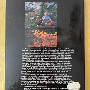 May include: The back cover of the book Crockett's Victory Garden features a black background with white text and a central color photograph of a person in a greenhouse surrounded by flowers. A price of $9.95 is printed in the top left corner.