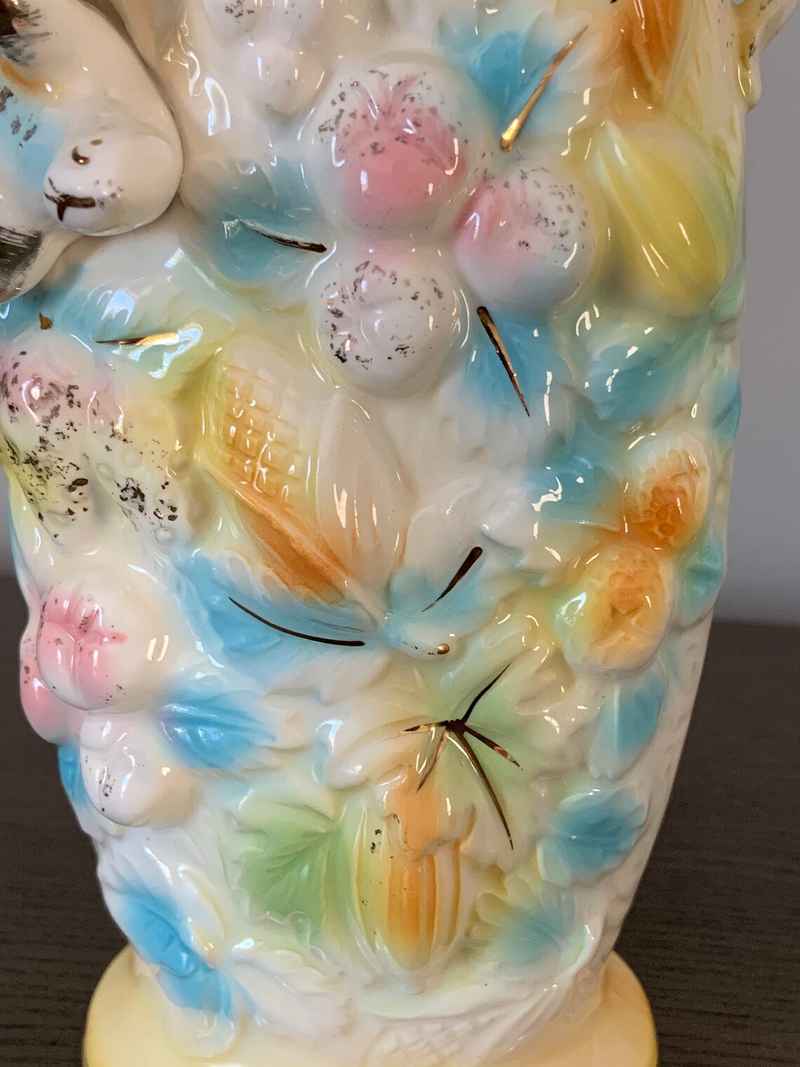 Vintage Betson Bird and Fruit Vase Pastel and Gold Hand Etsy