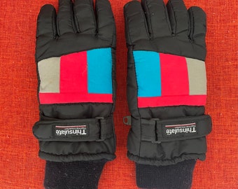 Vintage Colorblock Thinsulate Ski Gloves - Black with Grey, Fluorescent Blue & Pink - Leather Palm - 90s Ski Glove - Adult Small Retro