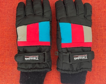Vintage Colorblock Thinsulate Ski Gloves - Black with Grey, Fluorescent Blue & Pink - Leather Palm - 90s Ski Glove - Adult Small Retro