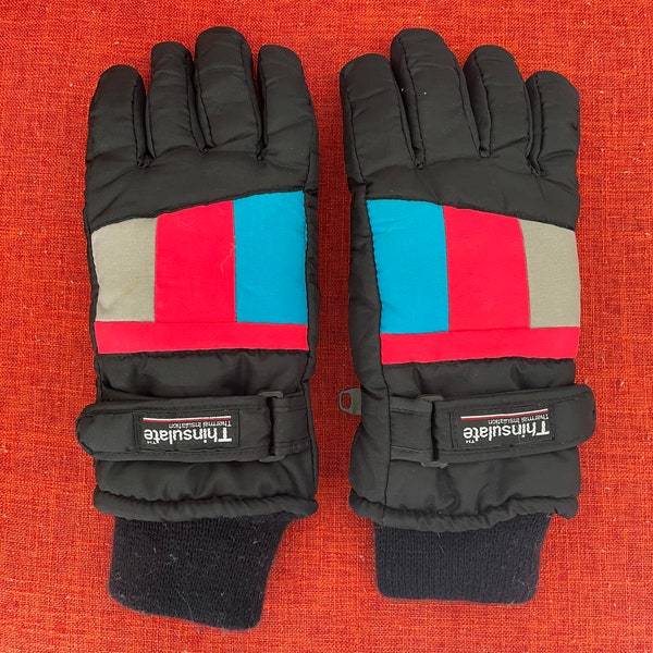 Vintage Colorblock Thinsulate Ski Gloves - Black with Grey, Fluorescent Blue & Pink - Leather Palm - 90s Ski Glove - Adult Small Retro