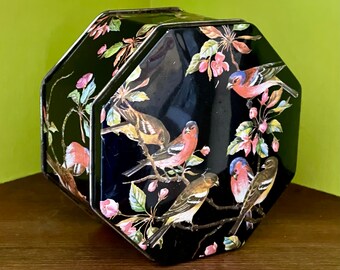 Vintage Black Tin with Birds and Branches - Made in England - Small Vintage Tin with Lid - Octagonal Tin - Vintage Bird Decor