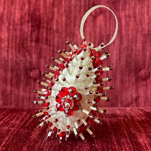 Vintage Sequin Pushpin Beaded Christmas Ornament - red and white handmade bead ornament - egg shaped sequin ornament