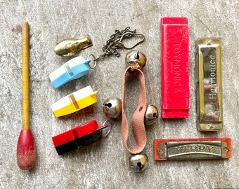 Lot of Vintage Toy Instruments - Harmonicas Whistles Clacker Mallet Bells - Toymonica Happy Harmonica and Kay Harmonica