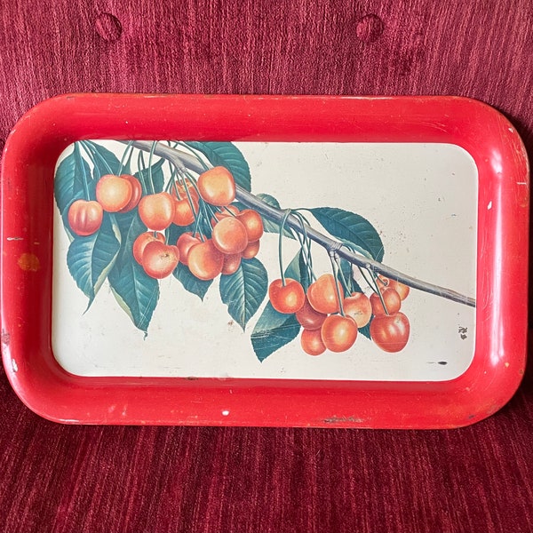 Vintage Cherry Design Metal Tray - Red and White Vintage Decor - Cherry Tree Design - Shabby Tray - Vintage Styling - red, green, white