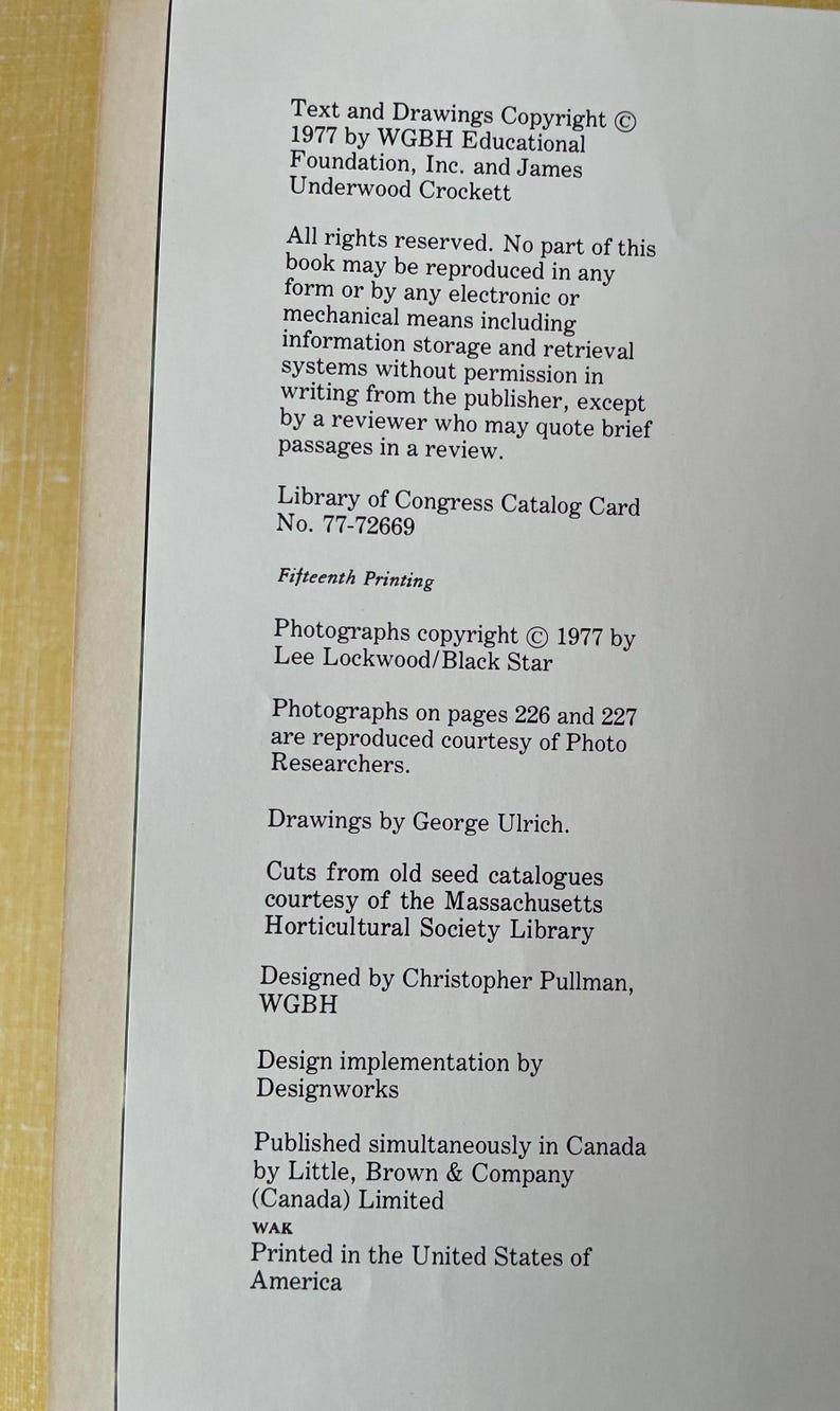 May include: A white page containing black printed text detailing copyright information for a book. The text includes credits for WGBH Educational Foundation, James Underwood Crockett, Lee Lockwood, George Ulrich, and Christopher Pullman, dated 1977.