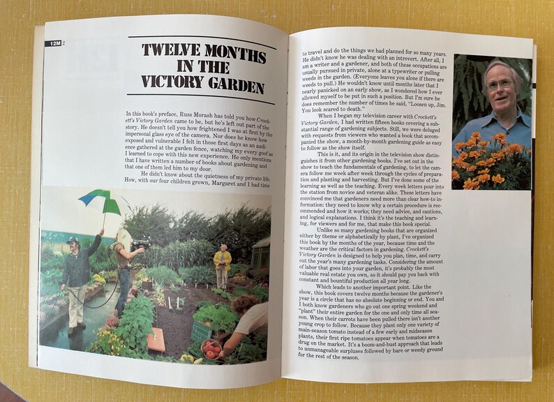 May include: An open book titled Twelve Months in the Victory Garden featuring black text on white pages. The left page shows a photograph of a film crew in a garden, while the right page contains printed text and a portrait of a man with flowers.