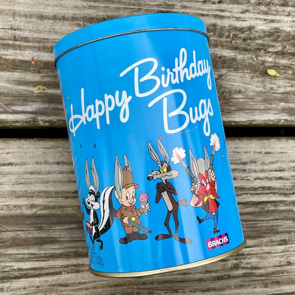 Vintage 1989 “Happy Birthday Bugs” Looney Tunes Tin - Brach’s Jelly Bean Tin - 50th Anniversary - Collectible Advertising Tin - Pepe Le Pew